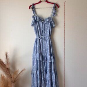 Lulus Baby Blue Chiffon Tiered Midi Dress with Tassels & Floral Appliqué, Size M
